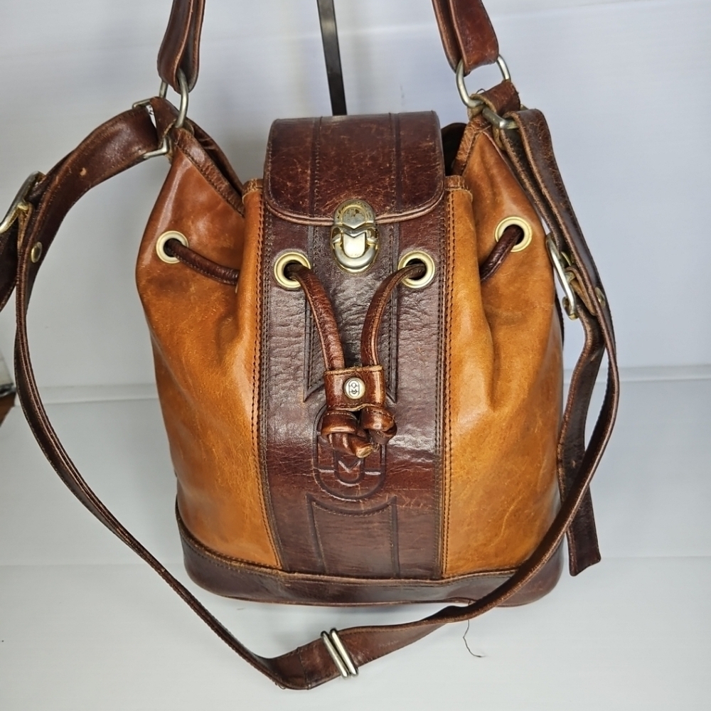 Vintage Marino Orlandi Large Leather Drawstring Bucket Tote Bag Authentic Design - Picture 3 of 14
